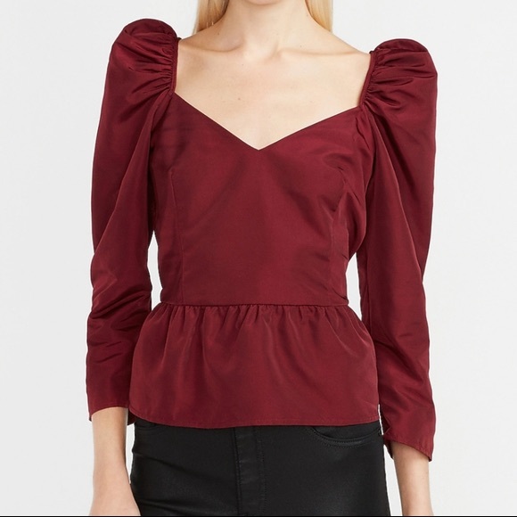 Express Tops - EXPRESS Puff Sleeve Sweetheart Taffeta Peplum Top